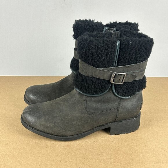 UGG Blayre II Leather Wool Lined Boots Womens 10 Black Side Zip Low Heel - Picture 1 of 9